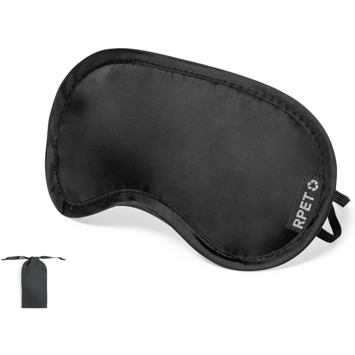 A black sleep mask with a soft fabric finish and an adjustable strap, featuring a logo on the side.