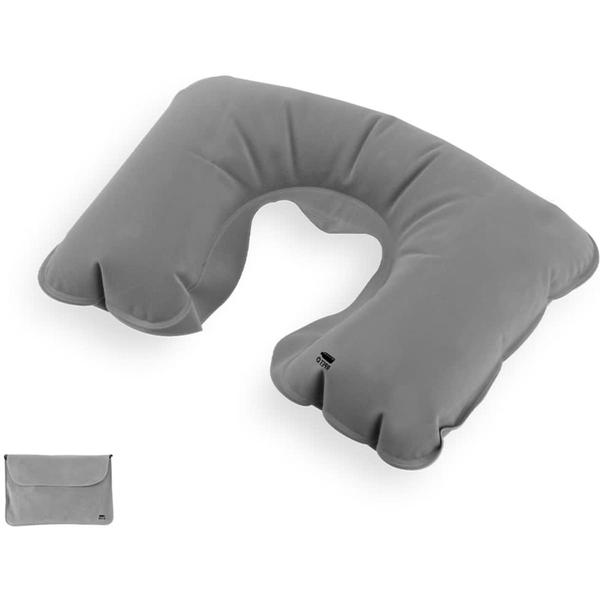 A grey travel pillow with a U-shape design, accompanied by a carrying pouch. It has a simple and sleek look.