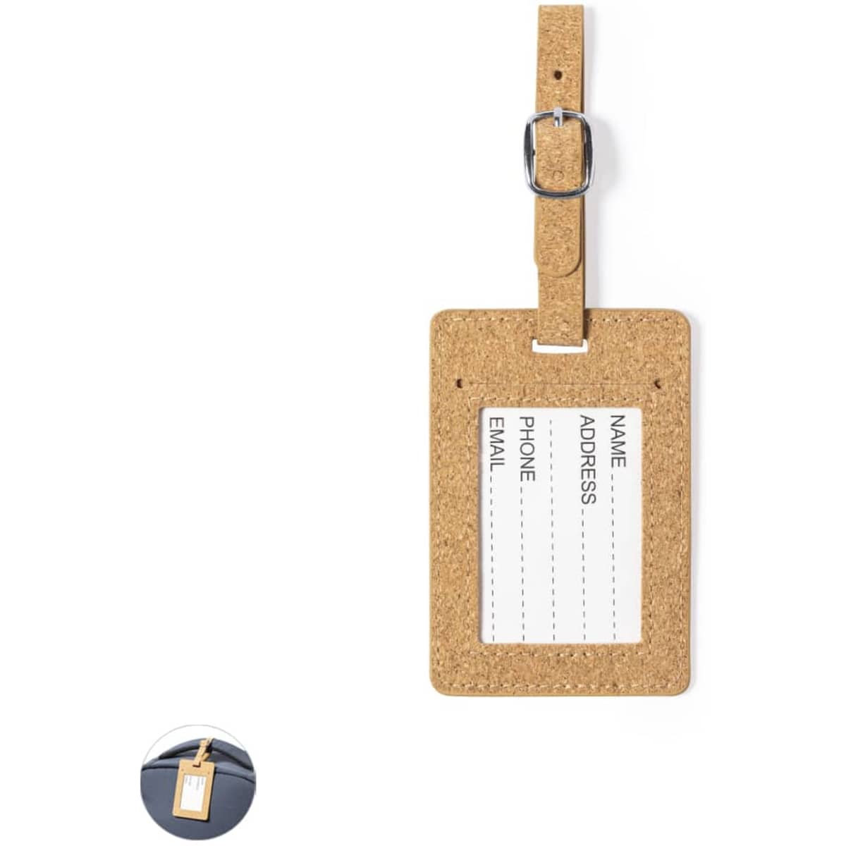 A cork luggage tag with a rectangular shape and a buckle strap, featuring spaces for contact information.