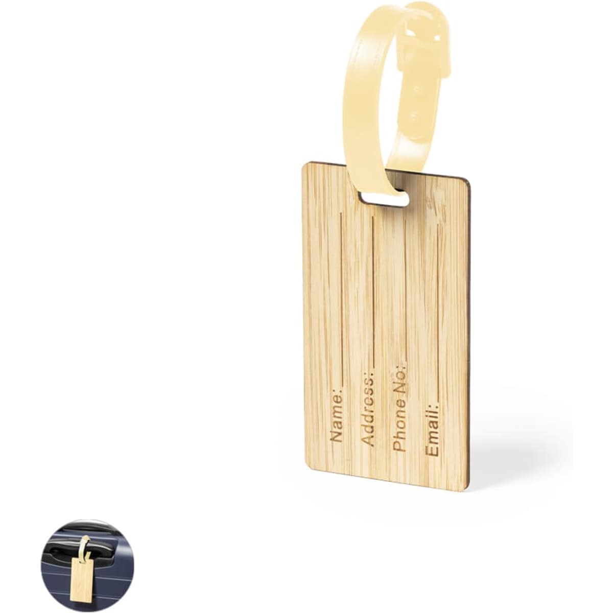 A luggage tag in a natural bamboo design with a yellow strap, featuring spaces for personal information.