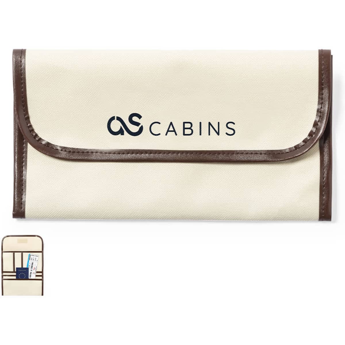 A cream-coloured luggage tag holder with a brown trim and a logo. Features multiple slots for identification cards.