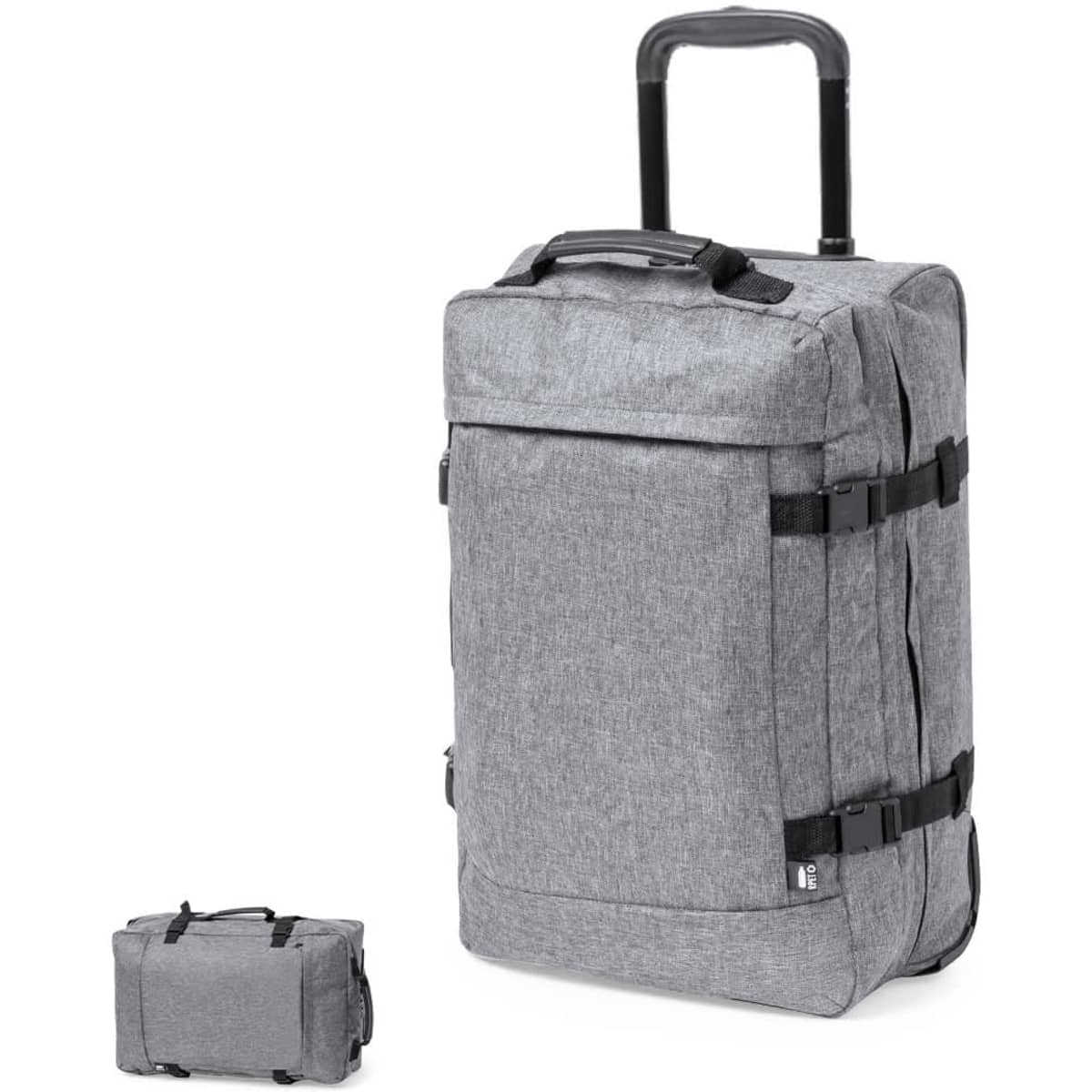 A wheeled bag in grey fabric with adjustable straps and a retractable handle. Features a logo.