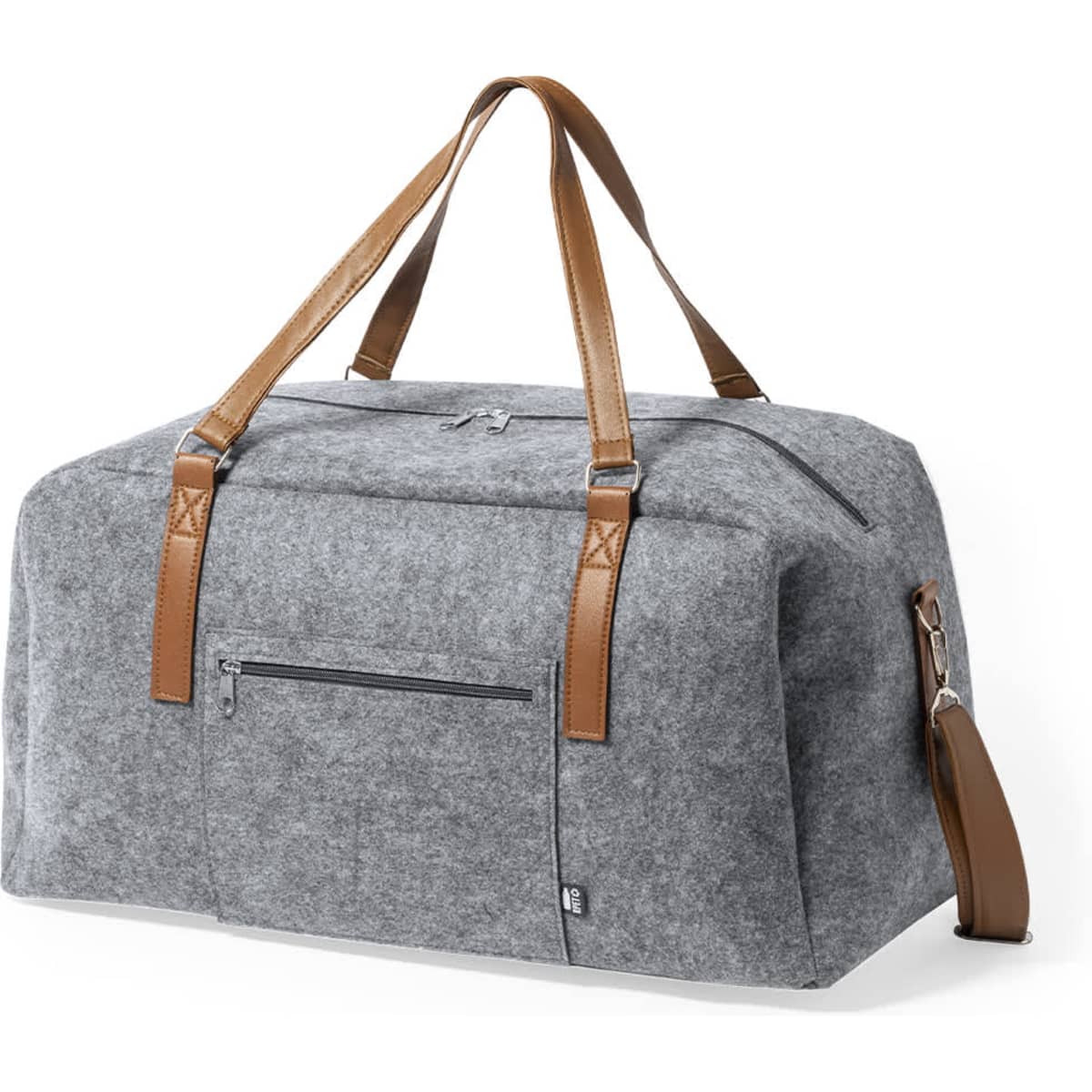 A grey felt bag with brown leather handles and a shoulder strap, featuring a front zip pocket and a logo.