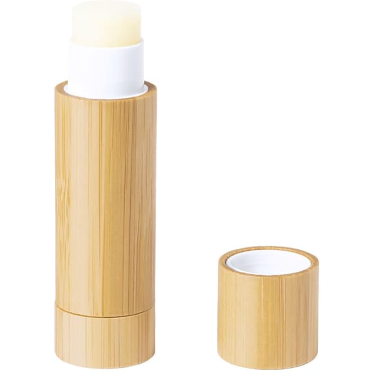 A bamboo lip balm tube with a white product inside and a removable cap. The bamboo has a natural finish.