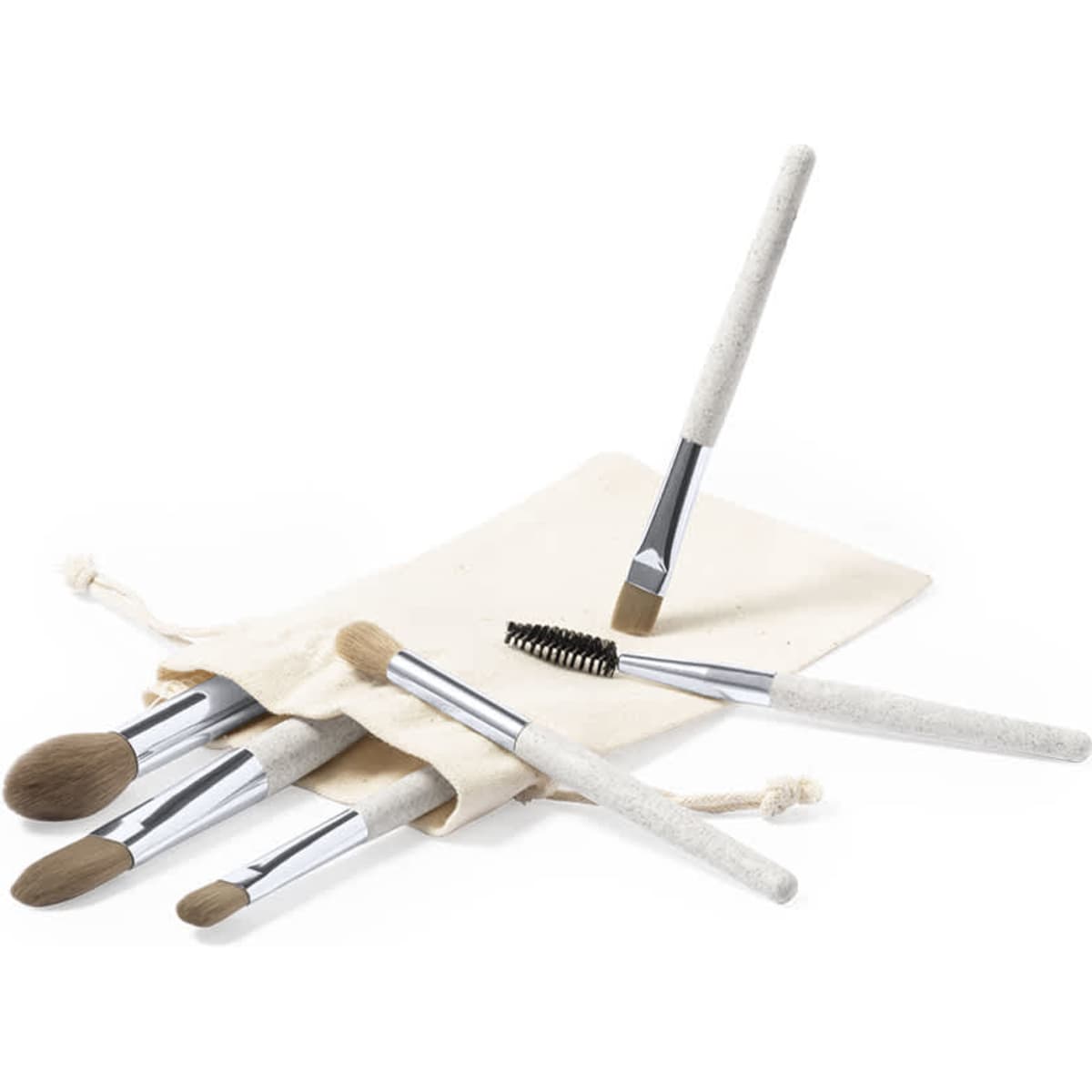 A set of makeup brushes with beige handles and silver accents, presented in a cream fabric pouch.