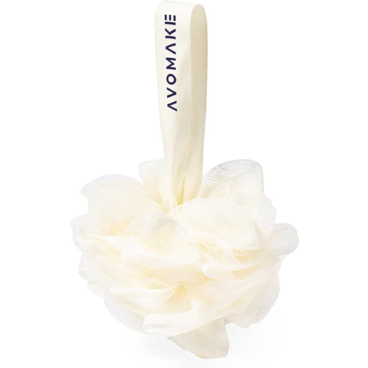 A shower puff in soft white, featuring a ribbon handle with branding.