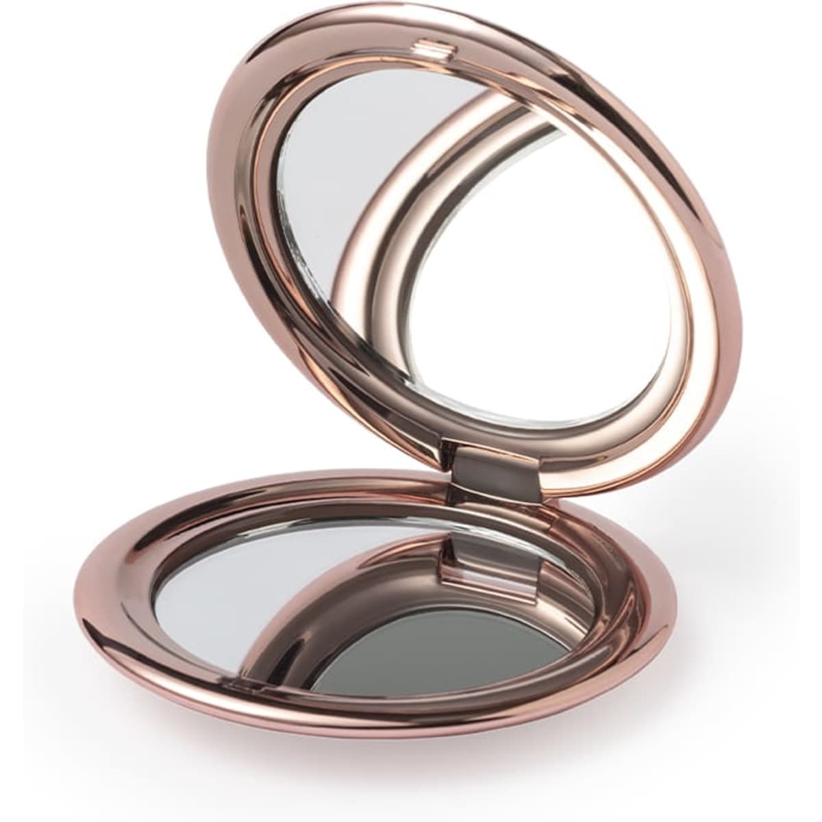 A compact mirror with a polished rose gold exterior and two reflective surfaces inside.