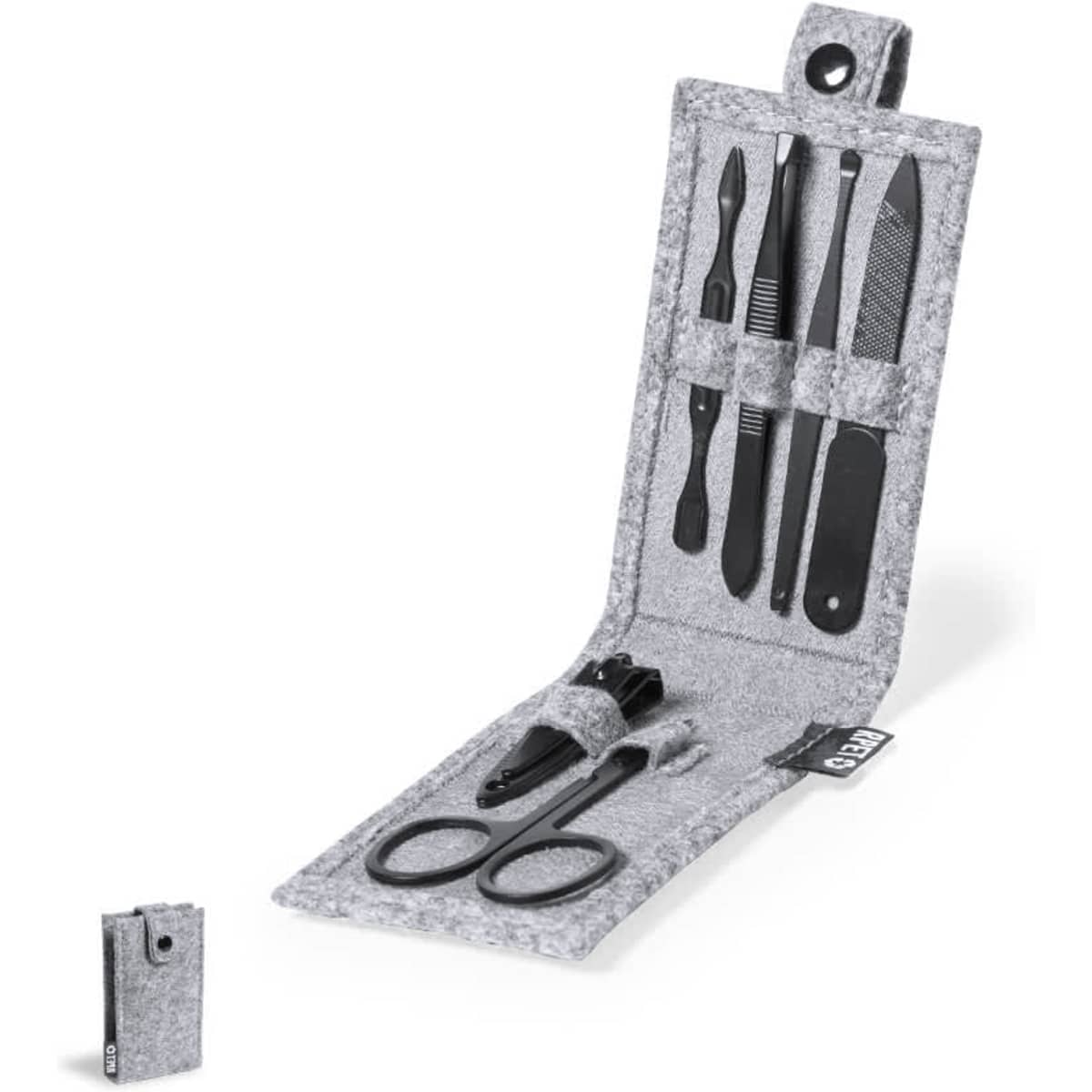 A grey grooming kit featuring various tools including scissors, tweezers, and a nail file, presented in a foldable case.