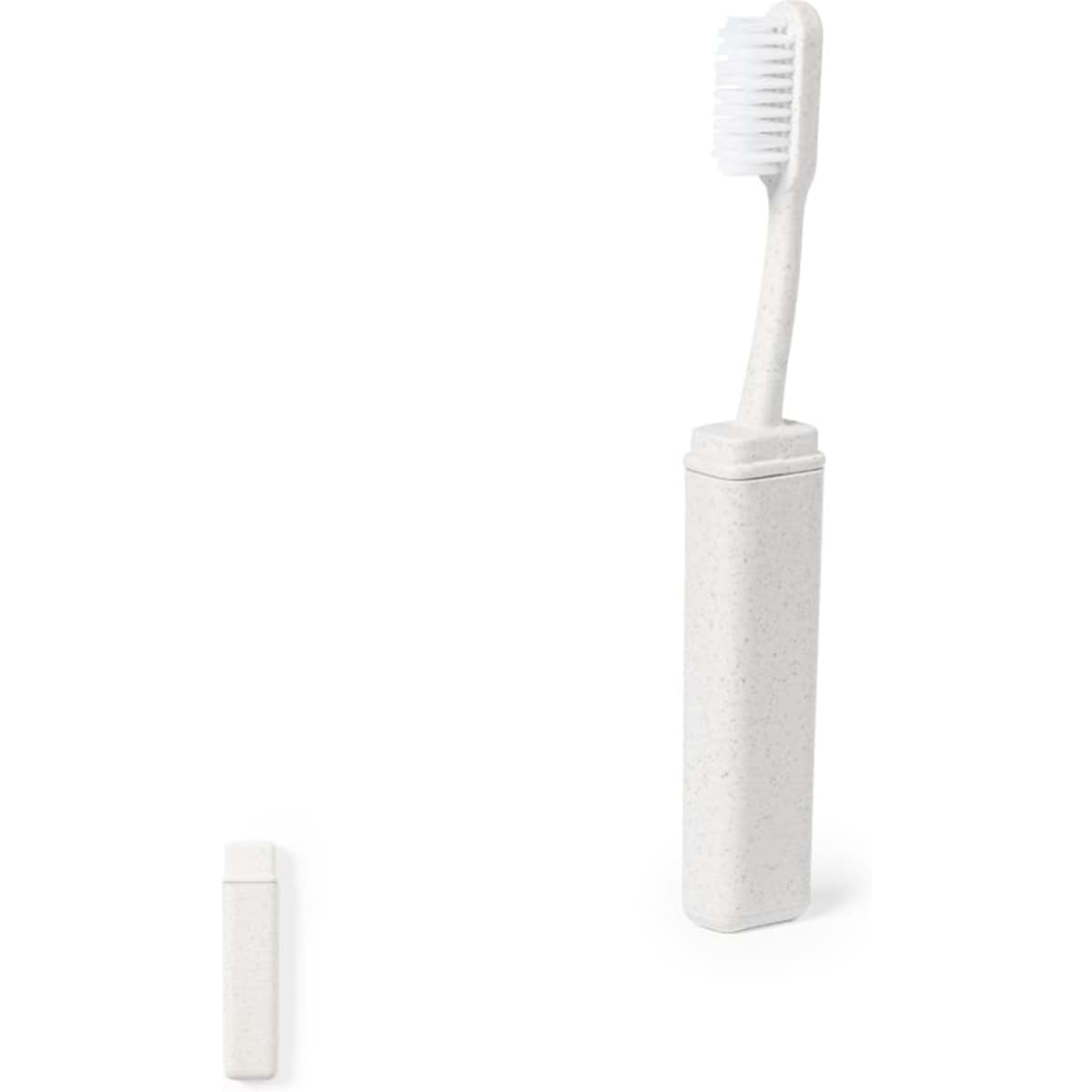 A white toothbrush with a matching case, featuring a sleek design and eco-friendly materials.