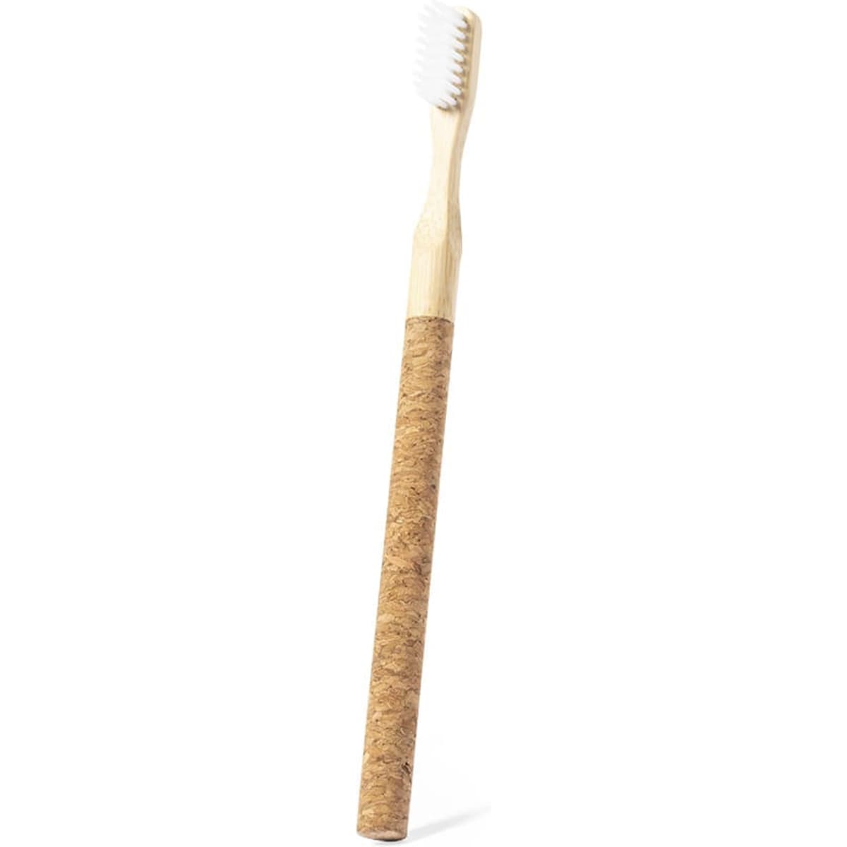 A toothbrush with a wooden handle and a cork grip, featuring soft white bristles.