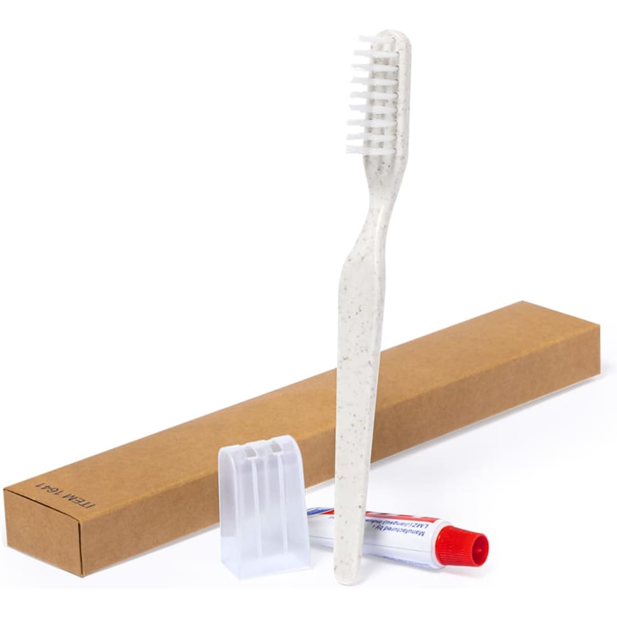 A dental kit featuring a white toothbrush, a small tube of toothpaste, and a protective case in a brown packaging box.