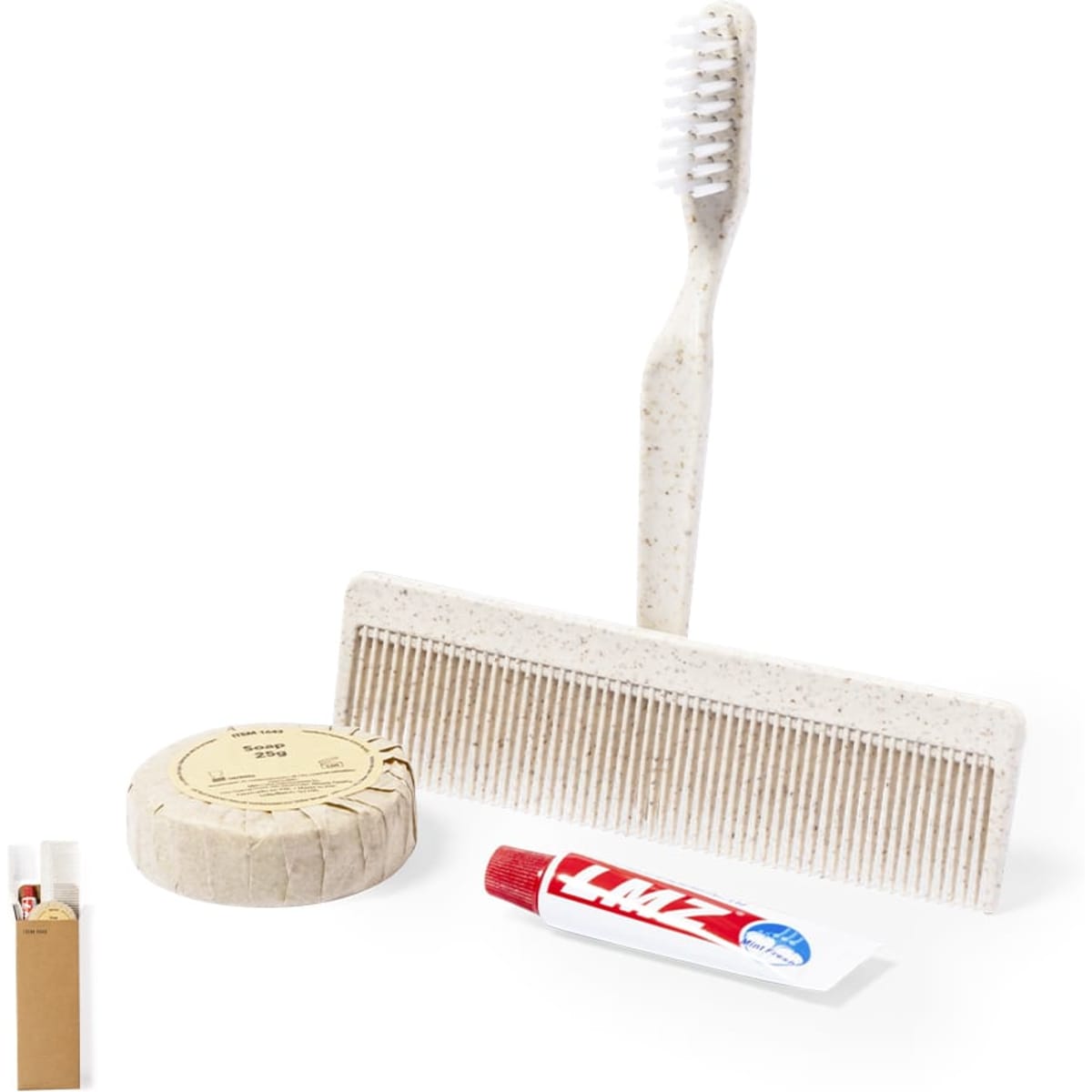 A toothbrush, a comb, a bar of soap, and a tube of lip balm arranged on a white background.