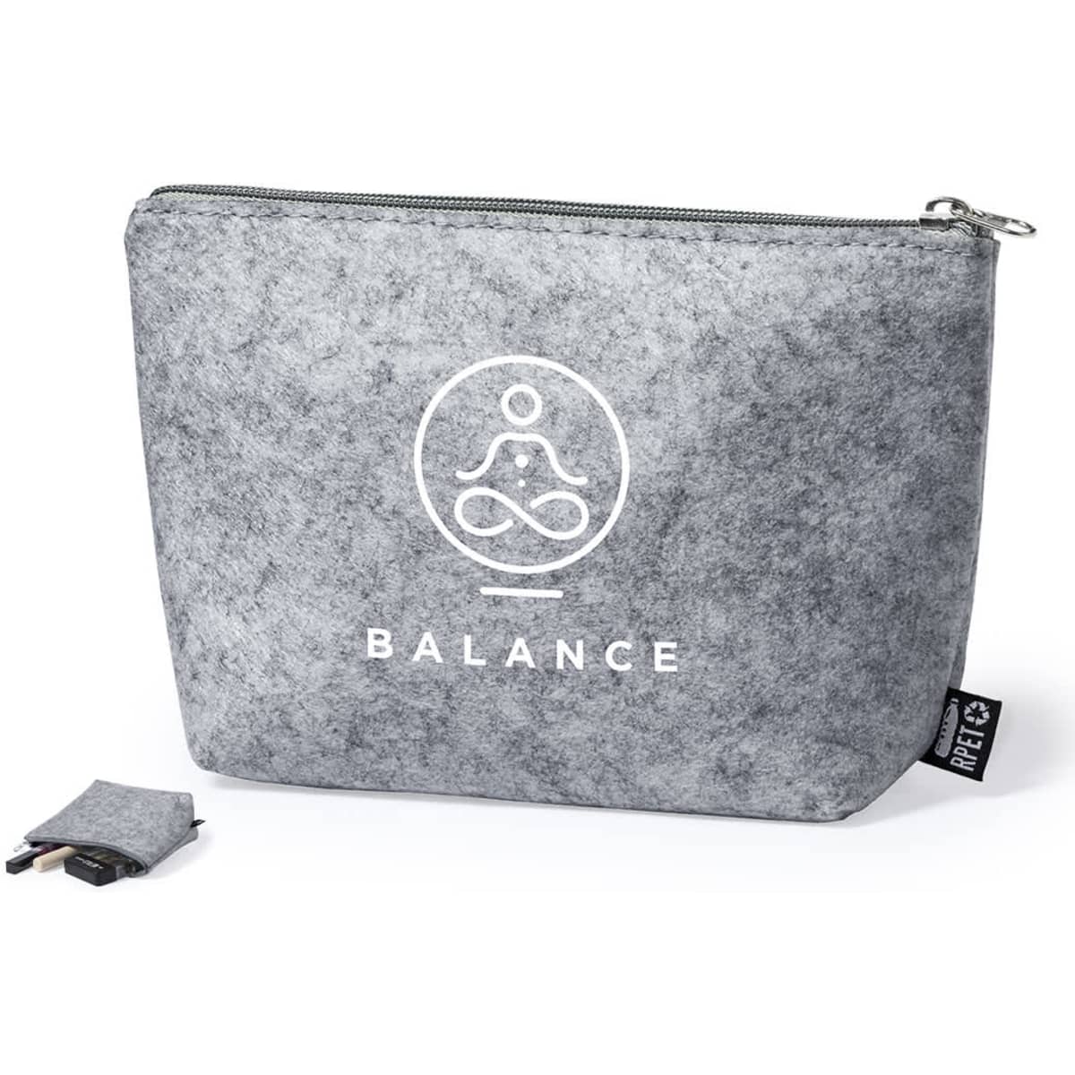 A grey toiletry bag with a zip closure and a logo. Includes a small matching accessory.