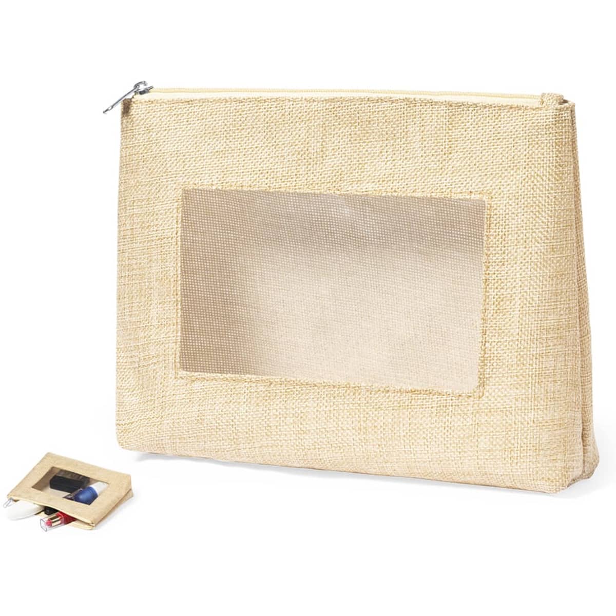 A natural jute toiletry bag with a mesh window and a small accessory pouch included. It features a zipper closure.