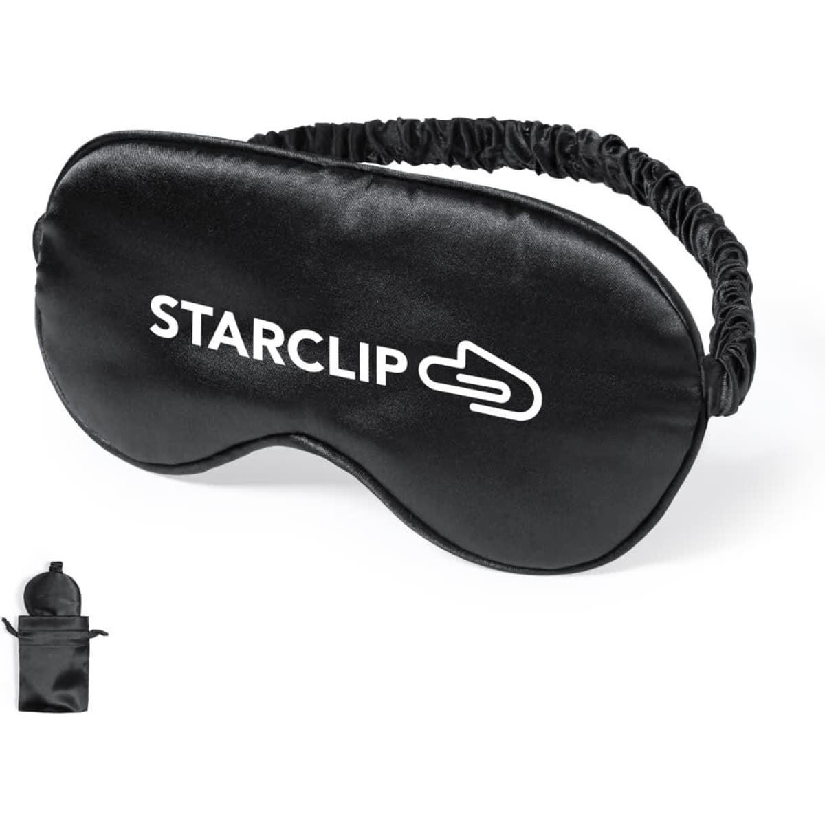 A black sleep mask with an elastic band and logo, packaged in a small pouch.