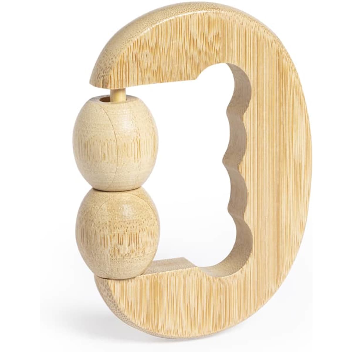 A bamboo teether in a curved shape with two round beads, showcasing a natural wood finish. Features a simple, minimalist design.