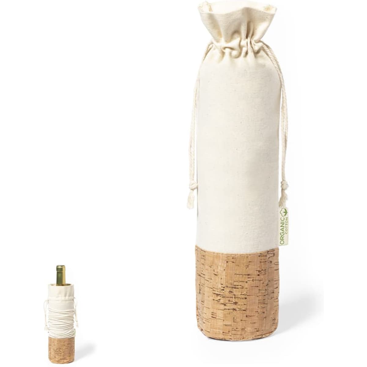 A drawstring bag in cream with a cork base, featuring a logo on the fabric.