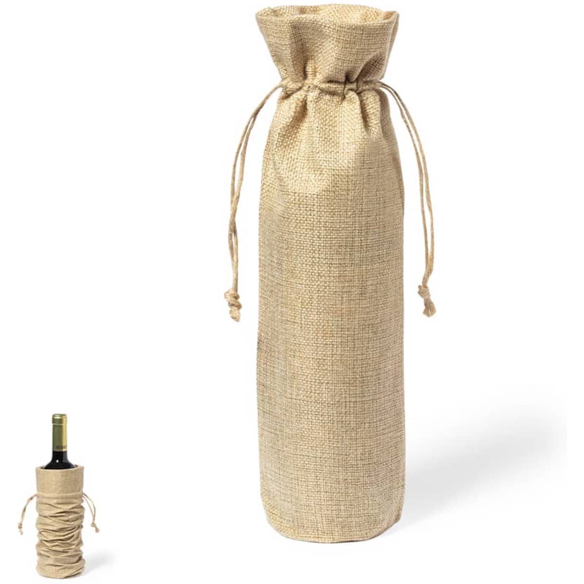 A natural jute drawstring bag with a rustic texture, designed to hold a wine bottle, featuring a simple logo.