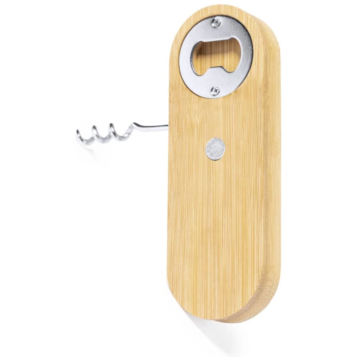 A drink bottle opener with a bamboo handle and a metal corkscrew, featuring a circular bottle cap opener and a logo.