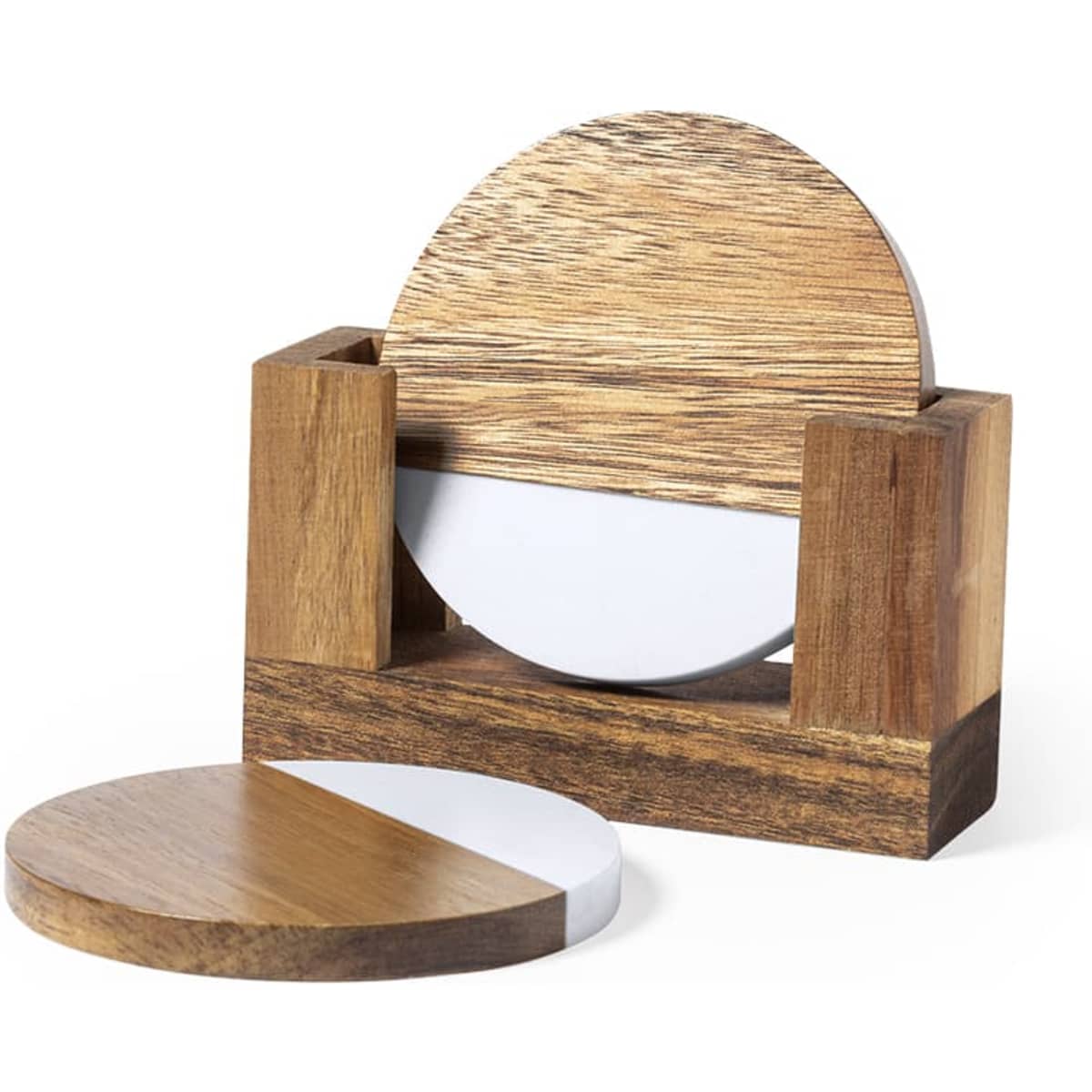 A wooden coaster set featuring natural tones, with round coasters and a holder. The coasters have a white surface.