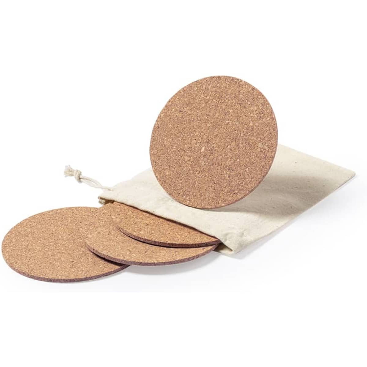 Four circular cork coasters displayed with a drawstring pouch, showcasing a natural brown colour.