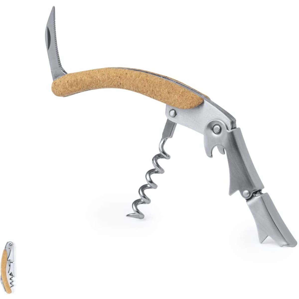 A corkscrew tool featuring a stainless steel finish and a cork handle, useful for opening bottles.