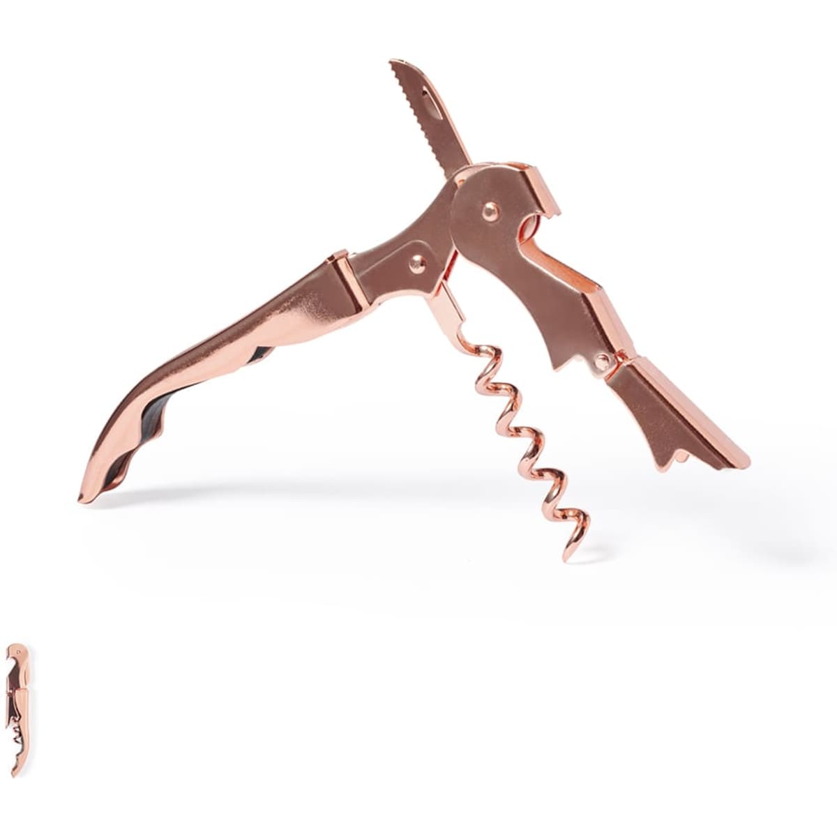 A rose gold corkscrew with a spiral corkscrew and serrated blade, featuring a branded logo.