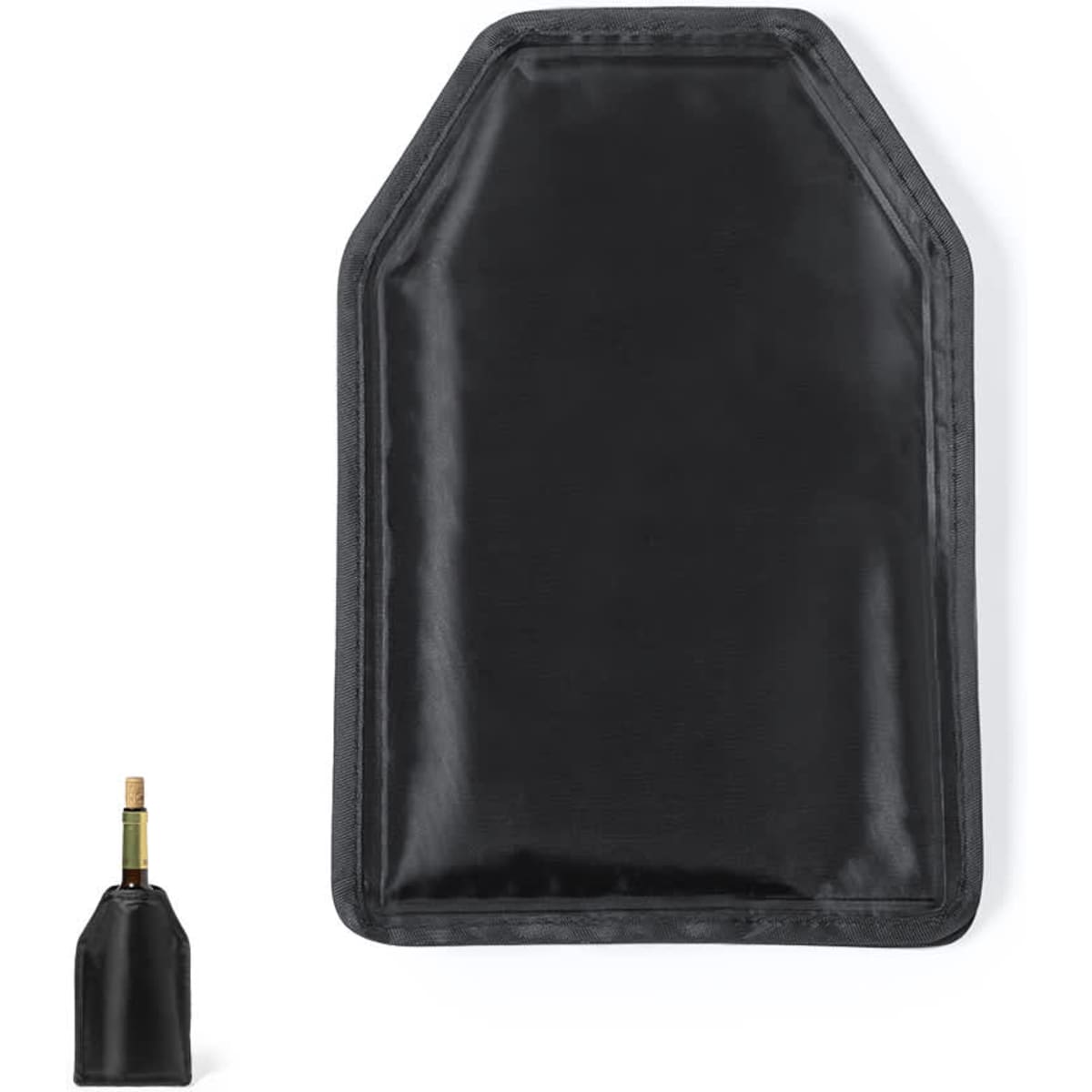 A black drink bottle cooler with a sleek design, featuring a simple logo on the side.