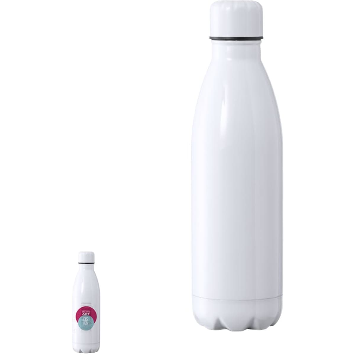 A drink bottle in white, featuring a logo, with a sleek design and double wall insulation.