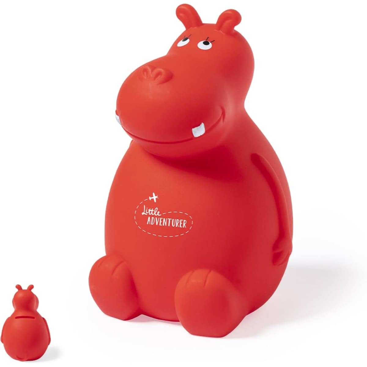 A red hippo-shaped money box with a smiling face and two small ears. It features a simple logo on its body.
