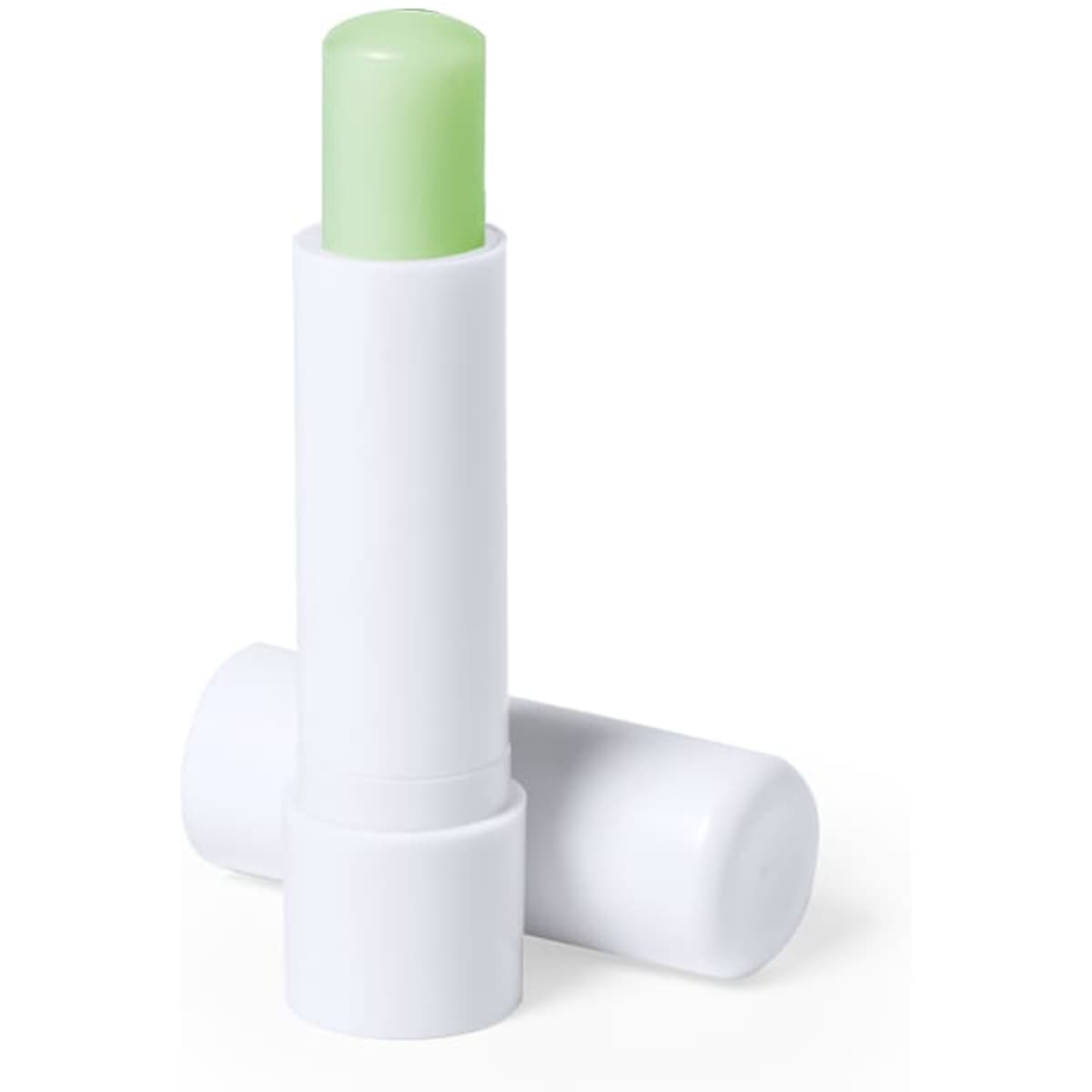 A white lip balm tube with a green balm, featuring a simple design and a logo on the packaging.