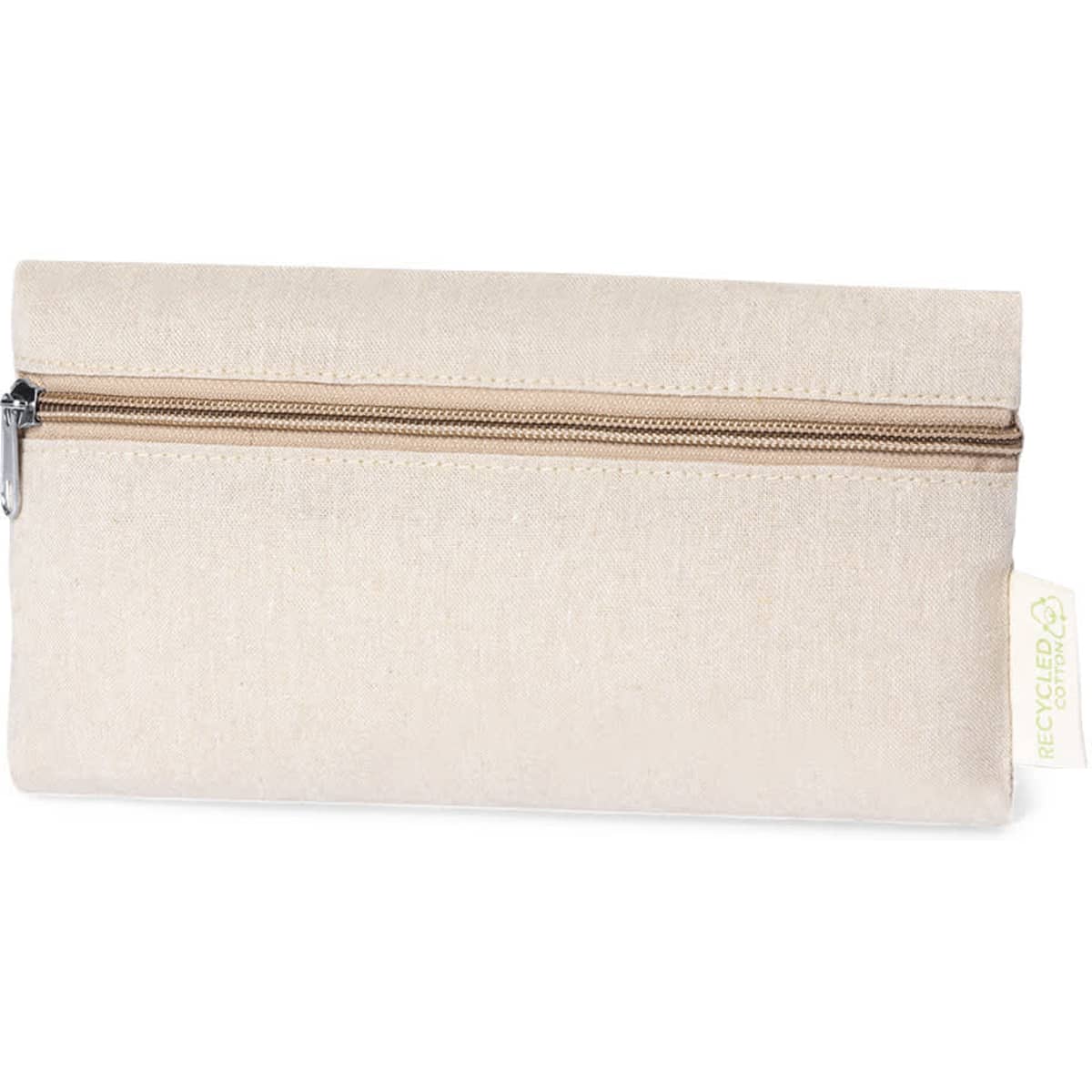 A beige pencil case with a zip closure, featuring a small tag and a simple, sleek design.