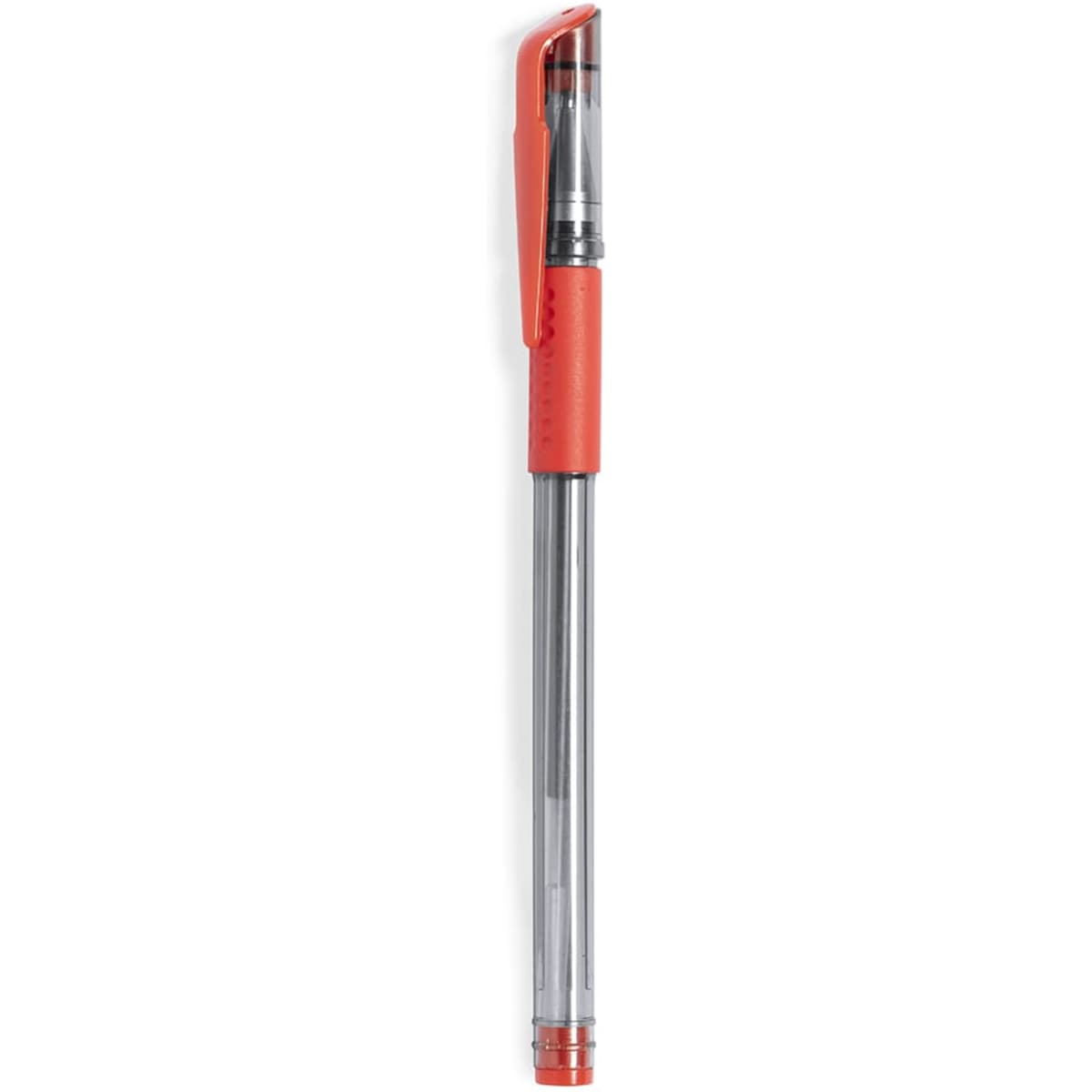 A pen with a transparent barrel and an orange cap, featuring a branding logo.