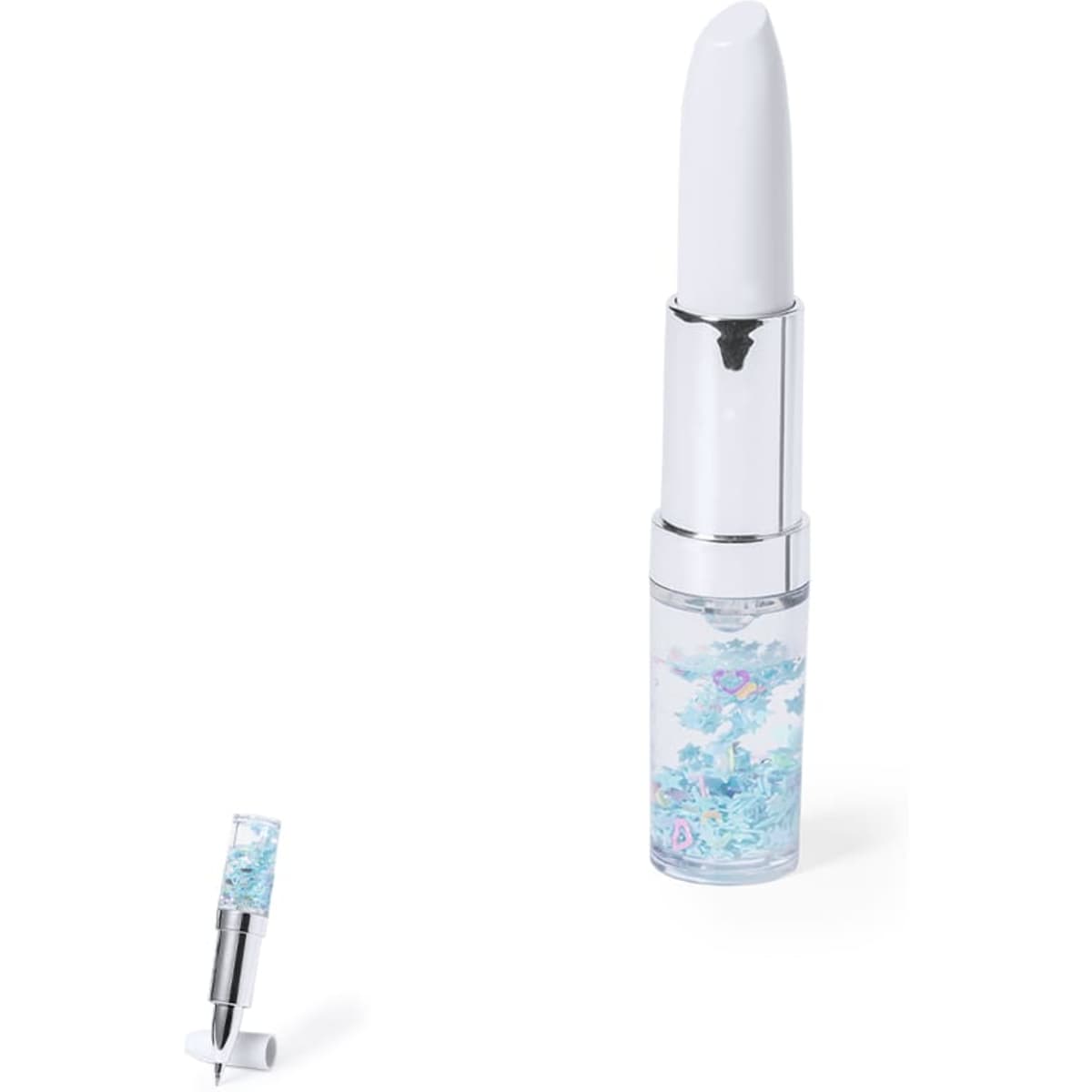 A white and clear pen featuring shimmering blue and silver glitter. It includes a branding logo on the body.