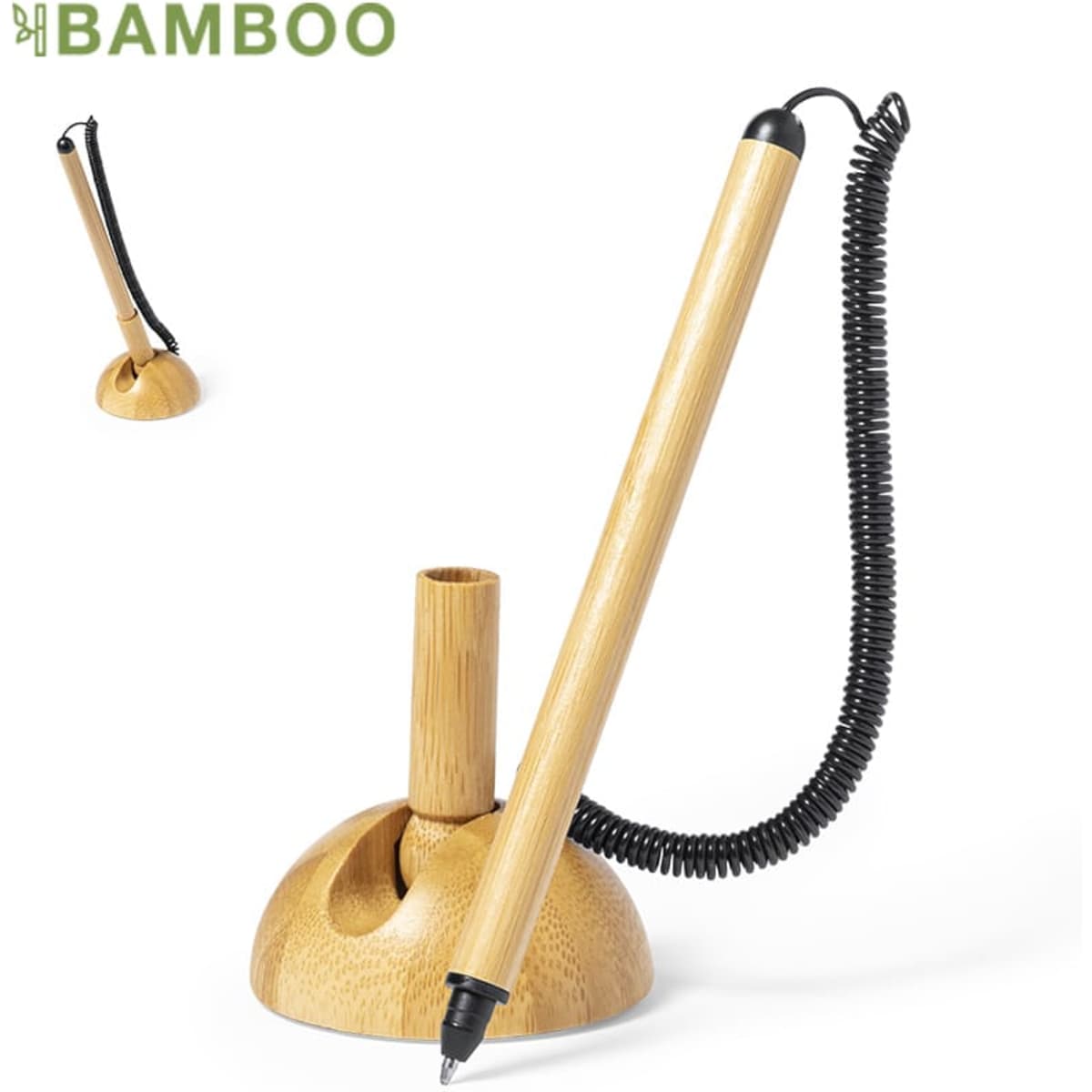 A wooden pen with a natural bamboo finish, seated in a round bamboo stand with a coiled tether.