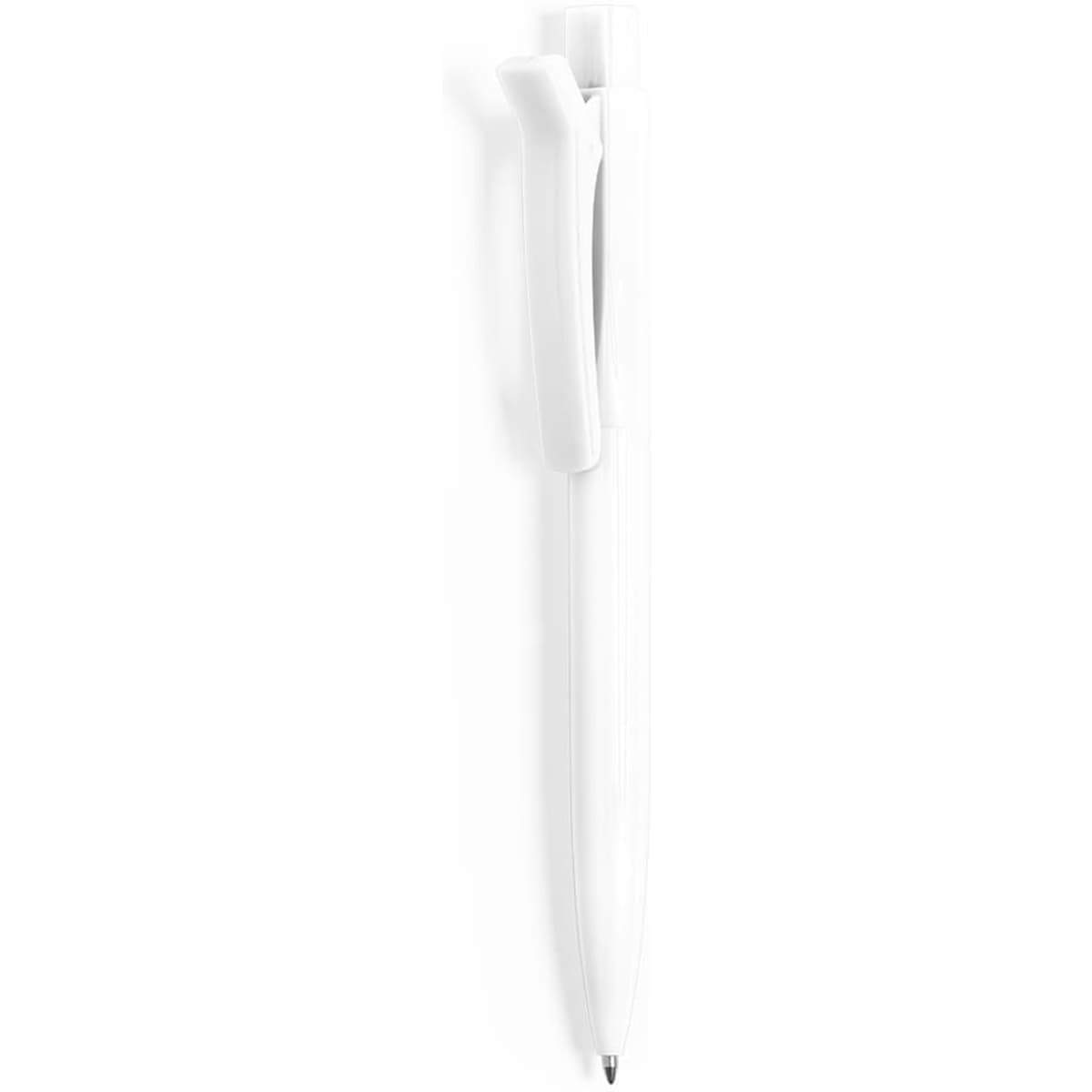 A white plastic pen with a clip, featuring a smooth design and a metal tip. It includes a logo on the barrel.