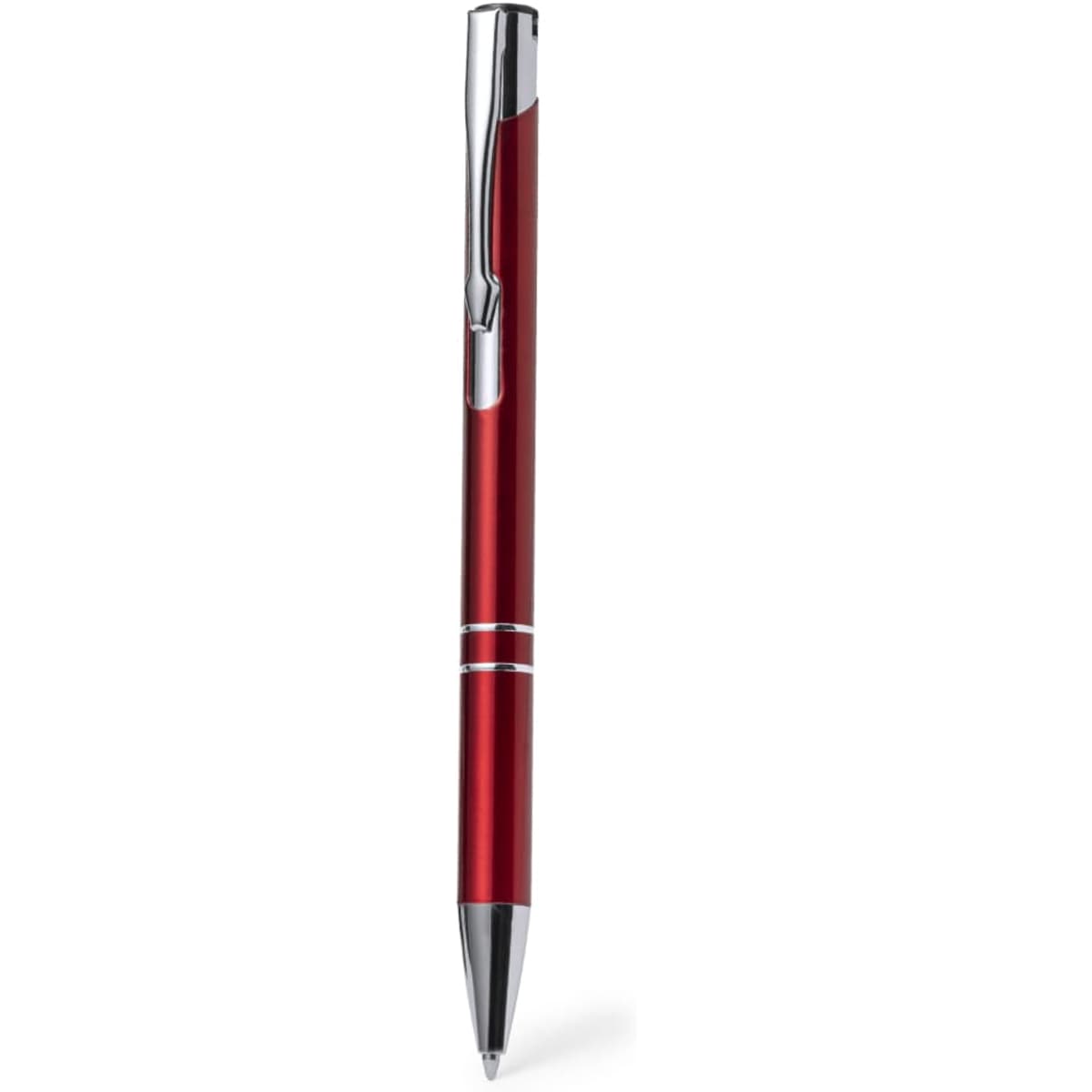 A red metal pen with a chrome clip and detailing, featuring a sleek, modern design.