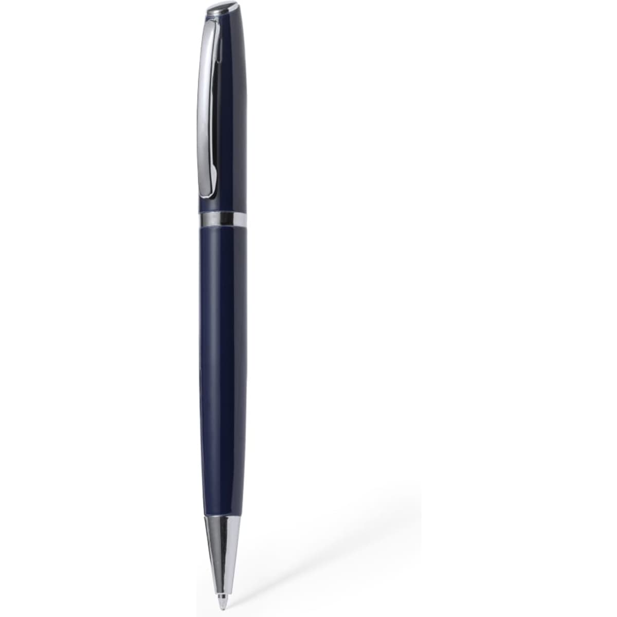 A metal pen in navy blue with a silver clip and accents, featuring a sleek design and a logo.