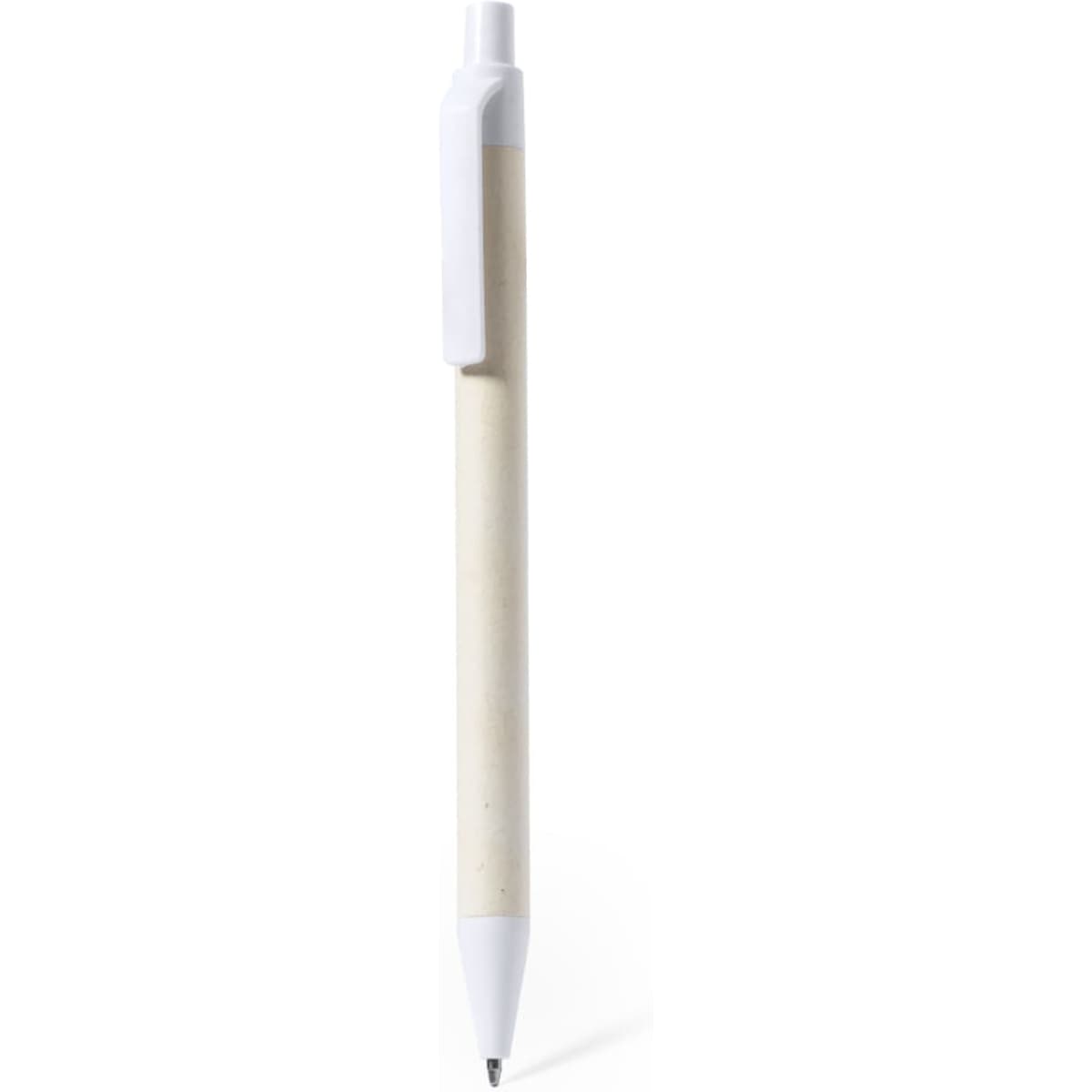 A white pen with a wooden body and a white clip, featuring a logo near the top.