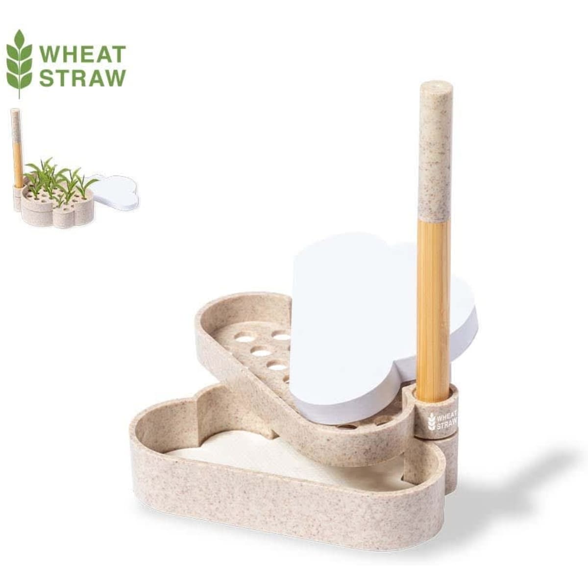 A notepad holder in heart shape, made of wheat straw with a bamboo pen, featuring a section for holding plant seeds.