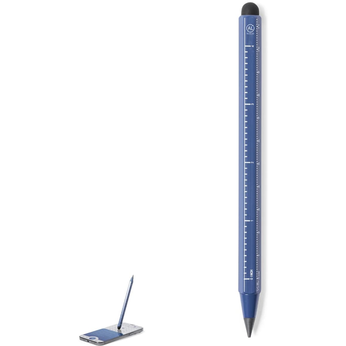 A blue pencil with a ruler design, accompanied by a small notebook and pencil. Features a logo on the pencil.