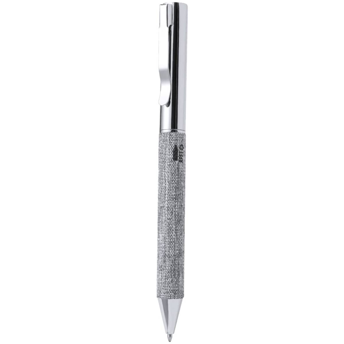 A metal pen with a sleek silver finish and a textured grey grip, featuring a clip and branding.