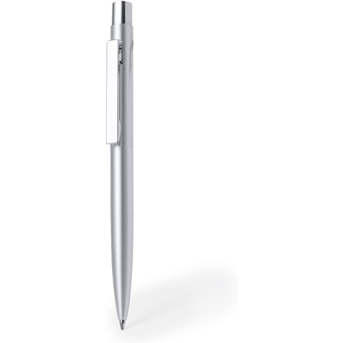 A silver metal pen with a sleek design and clip, featuring a logo on its barrel.