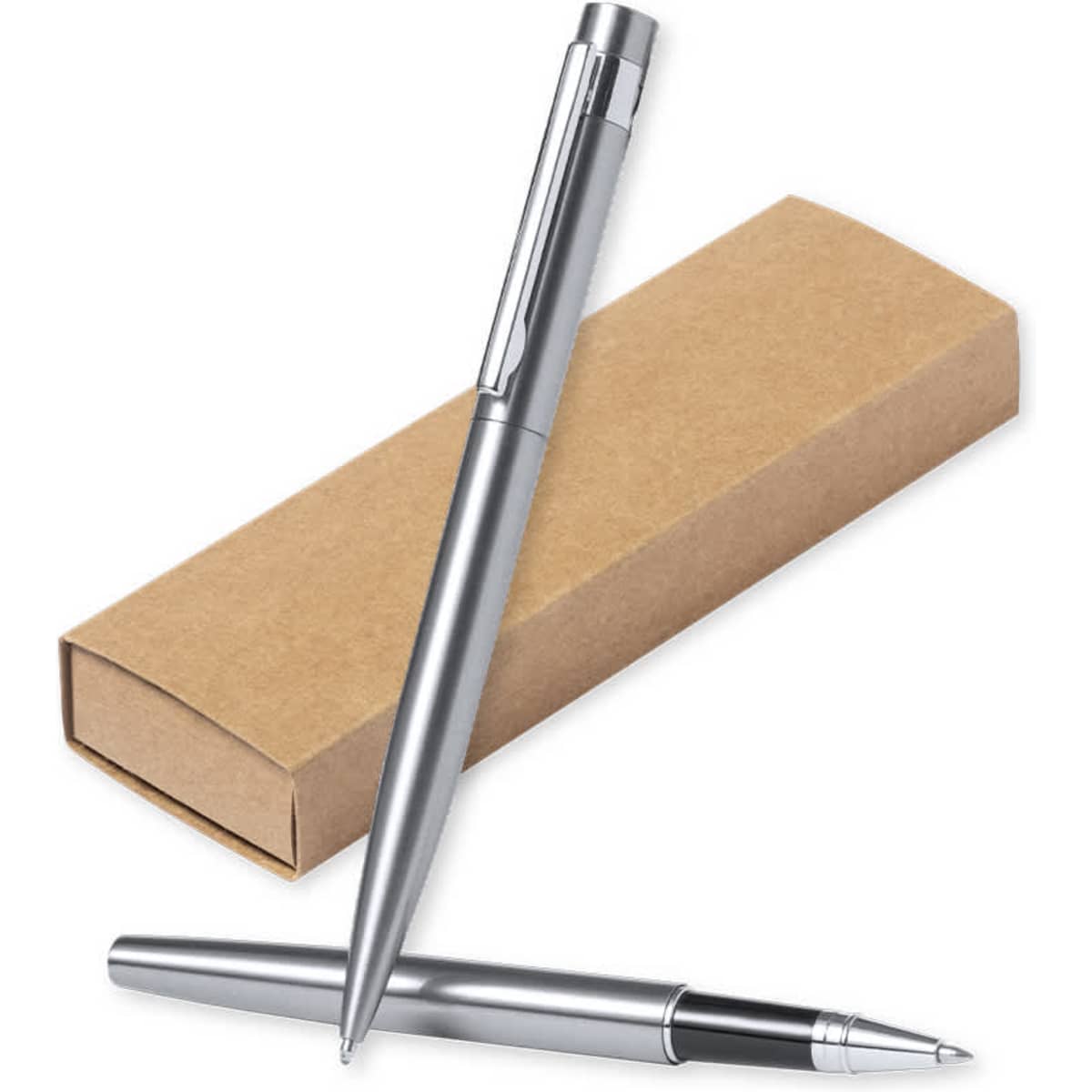A silver metal pen and a rollerball pen resting beside a simple brown box. The set includes branding on the items.
