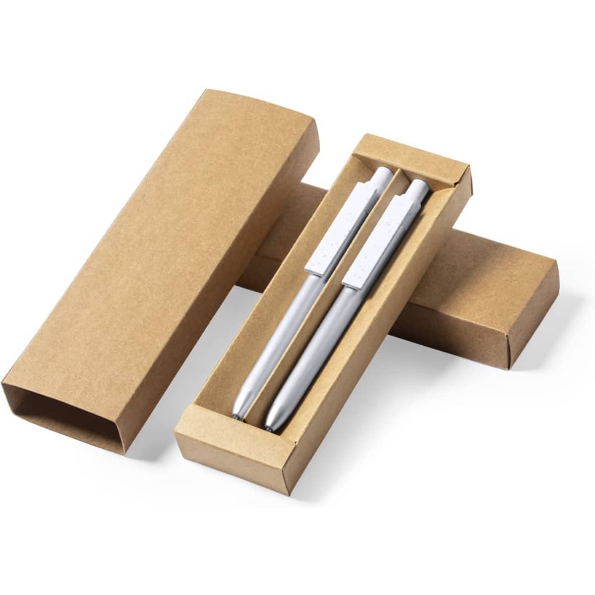 A metal pen gift set in a kraft paper box, featuring two silver pens and a simple branding logo.