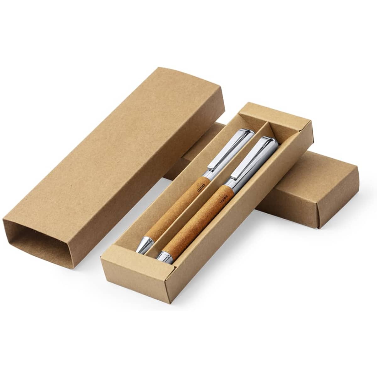 A metal pen set with wooden grips, presented in a simple cardboard box. Two pens are included.