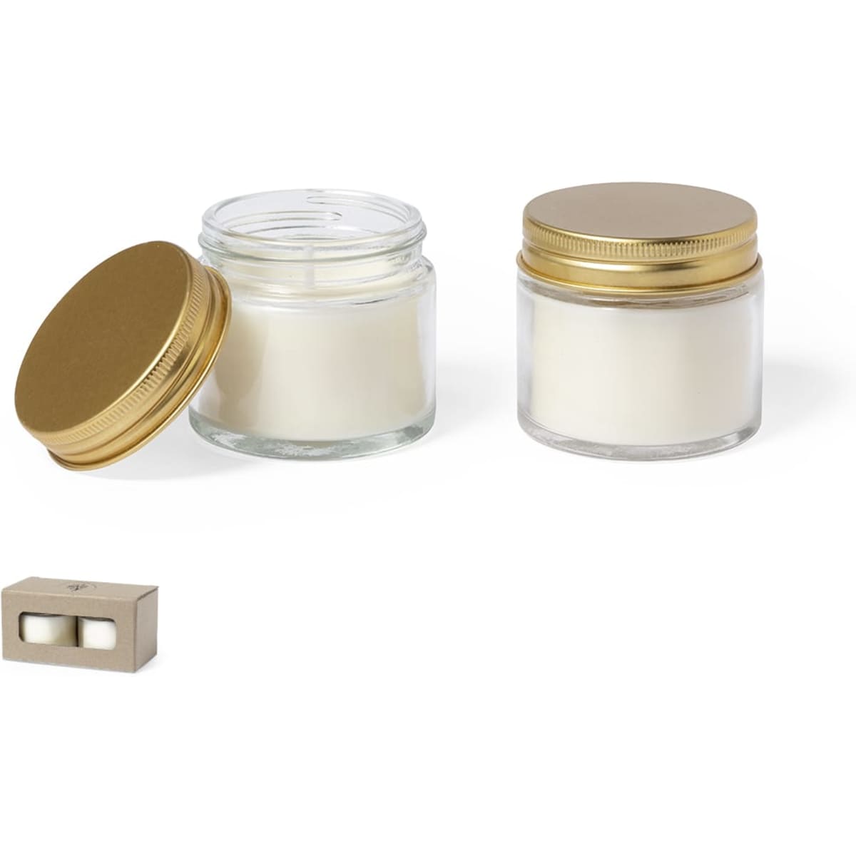 A set of two white candles in glass jars with gold lids, alongside a small box.