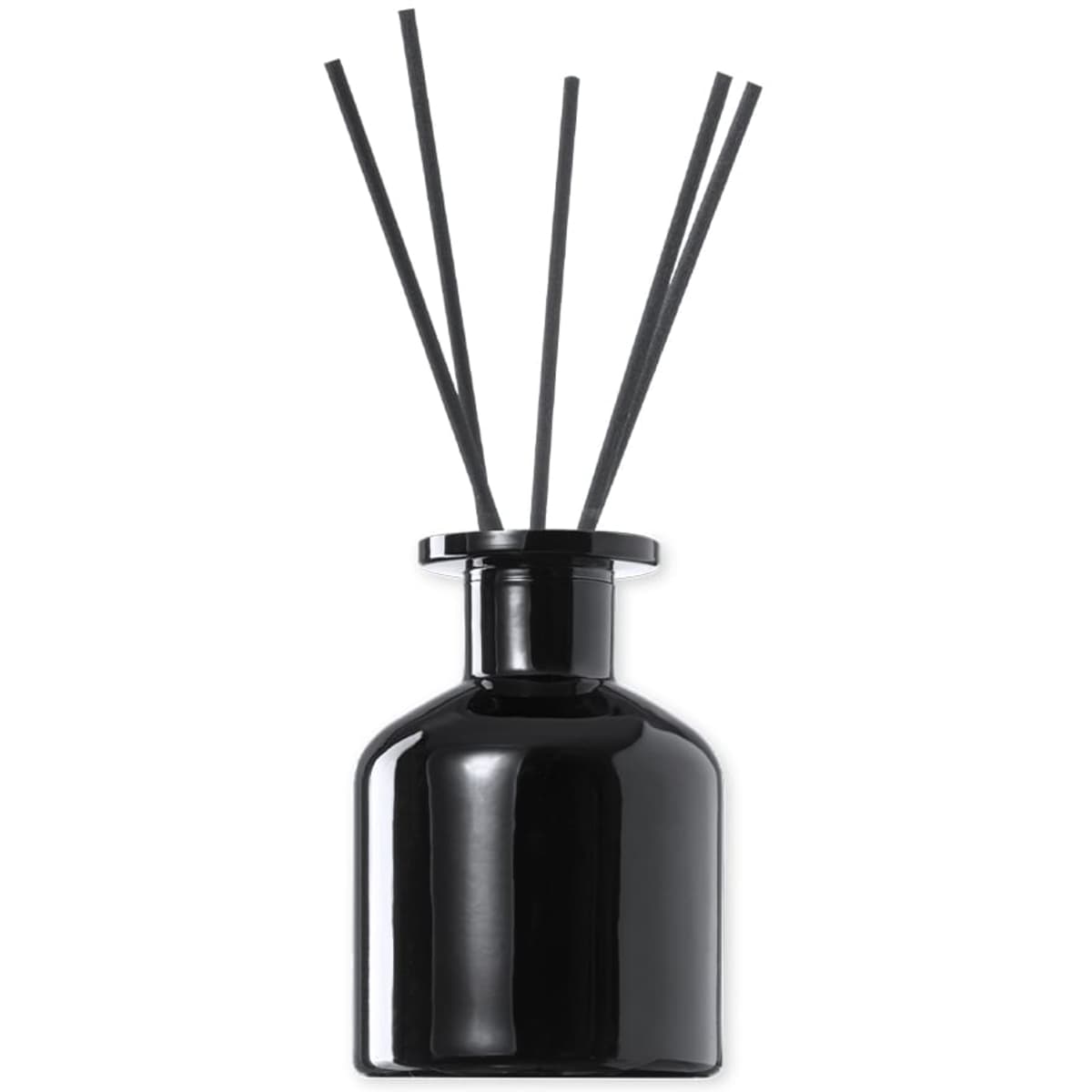 A black diffuser bottle with five black reeds, designed for home fragrance. It features a simple, elegant shape.