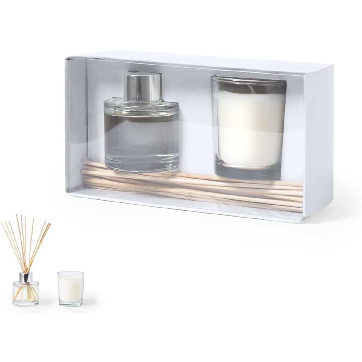 A gift box containing a glass candle and a fragrance diffuser, with wooden sticks, in clear and white colours.