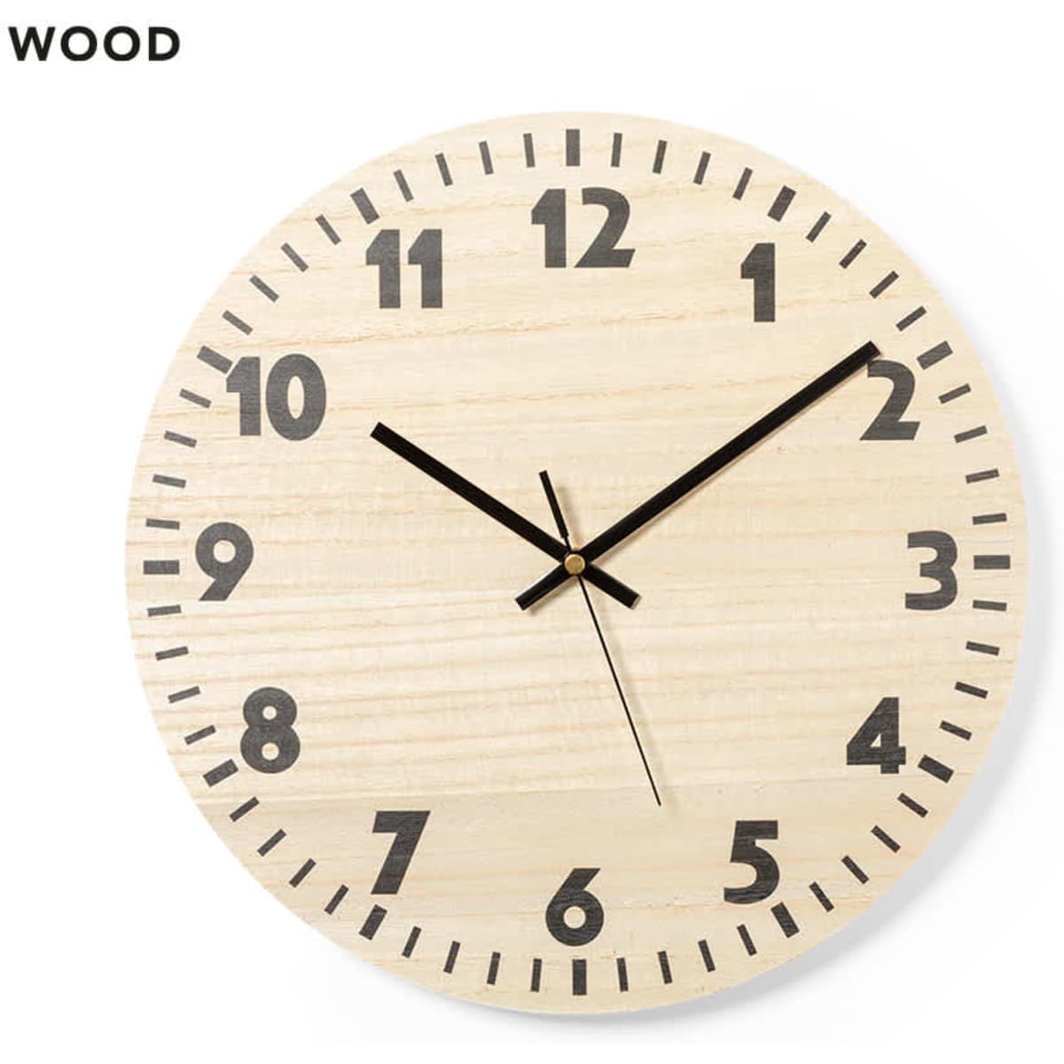 A wooden wall clock features a natural finish with black numerals and hands. It has a simple, modern design.
